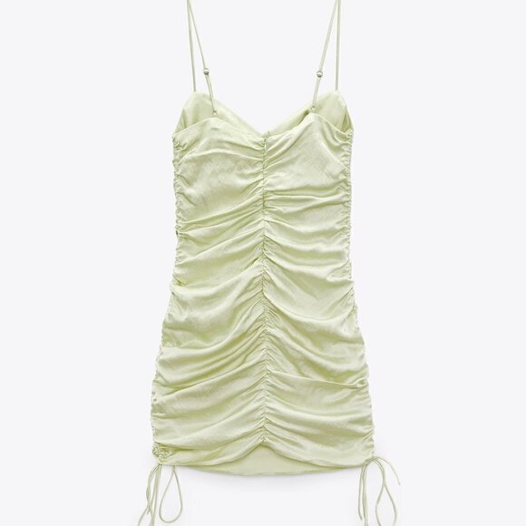 ZARA GREEN RUCHED SATIN EFFECT DRESS - Picture 3 of 16